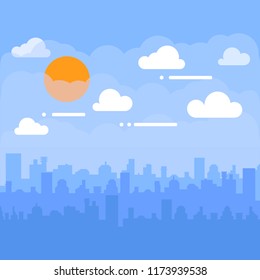 Flat cityscape with blue sky, white clouds and sun. Modern city skyline flat panoramic vector background. Urban city tower skyline illustration