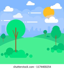 Flat cityscape with blue sky, white clouds and sun. Modern city park skyline flat panoramic vector background. Urban city park skyline illustration