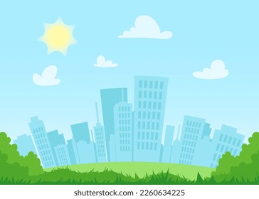 Flat cityscape at day with blue sky, white clouds and sun. Modern town skyline panoramic background. City tower skyscraper illustration. Urban silhouette with park. Panorama architecture buildings.