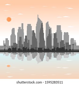 Flat cityscape with evening sky. Urban city illustration. City skyline flat panoramic vector background. 