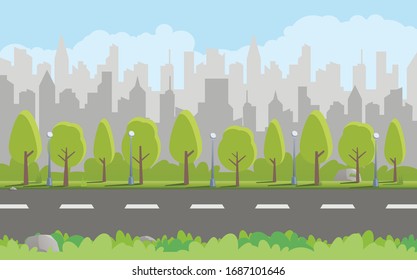Flat cityscape with gray buildings, blue sky, dark road, green trees and lighterns. Abstract horizontal banner and background. Panoramic of urban city tower skyline vector illustration