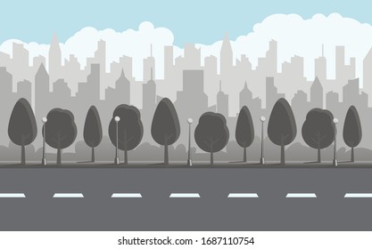 Paisaje urbano plano con edificios grises, cielo azul, camino oscuro, árboles grises y farolillos. Pancarta horizontal abstracta y fondo. Panorámica de la torre urbana ilustración vectorial