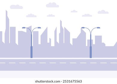 A flat cityscape of a modern city with silhouettes of skyscrapers, street lamps and an empty road.