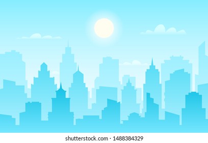 Flat cityscape. Modern city skyline, daytime panoramic urban landscape with silhouette buildings and skyscraper towers vector sunlight facade panorama outline construction banner