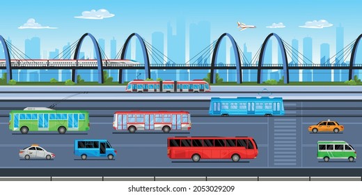 Flat cityscape with public transport taxi train bus tram trolleybus on road with silhouettes of skyscrapers on background vector illustration