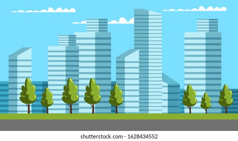 Flat cityscape road way with trees and big skyscrapers design. Cartoon urban landscape. Metropolis. Outdoor panorama. City district skyline with houses and plants. Downtown. Vector illustration
