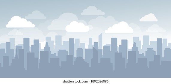 Flat cityscape simple design. Abstract city skyline, town urban landscape vector illustration with buildings silhouettes on horizon