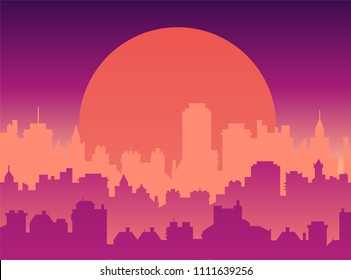 Flat cityscape with sunset sky and sun, modern city skyline flat panoramic vector background. 