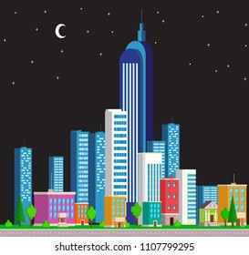 Flat cityscape. Vector illustration elements background. Urban landscape. Good for banners, promotional materials, web sites, promotional materials, night.