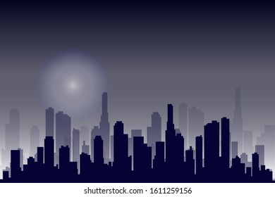 Flat cityscape. Vector illustration. Modern City Skyline, Daytime Panoramic Urban Landscape with Silhouette Buildings and Skyscraper Towers in moon light