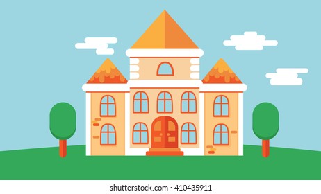Flat classic medieval castle vector building with tile roof and green tree around. sky cloud and grass on the background
