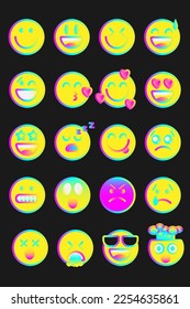 Flaches klassisches Vintage gelbes Gesicht Emoji Set. Retro-Emoticon im Stil der 90er Jahre. Farbige Emoticons, Vektorgrafik-Sammlung: Lächeln, lachen, Liebe, Tränen, weinen, Sonnenbrillen, Stern, Schlaf, Erbrechen, explodieren, weinen, wütend.