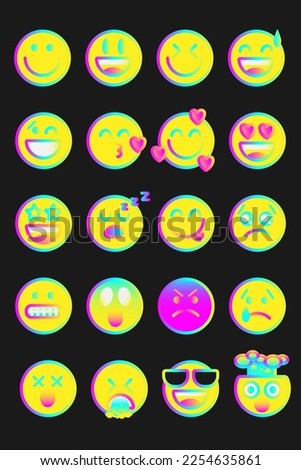Flat classic vintage yellow face emoji set. Retro 90s style emoticon. Colorful emoticons vector collection: smile, laugh, love, tears, winking, sunglasses, star, sleep, vomit, explode, cry, angry.