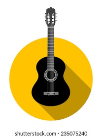 Flat classical guitar on yellow background.  Vector illustration with long shadow