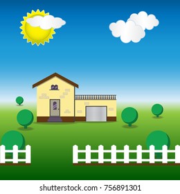 Flat classical house with fence and bushes and sky nature. Modern house concept.