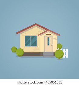 Flat classical house with white fence and bushes. Modern house concept.