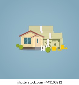 Flat classical house with white fence and bushes with pile of cash and stack of golden coins behind house. Vector concept illustration real estate and house loan and home sales.