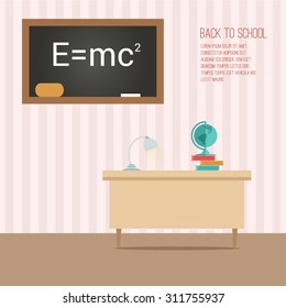 Flat classroom with globe and books on the table and blackboard with formula