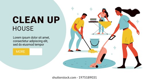 Flat clean up horizontal banner landing page with people doing various housework vector illustration