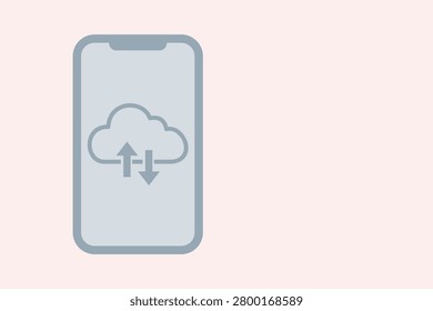 Flat clean illustration of a smartphone with cloud sync icons symbolizing mobile backup, data transfer, storage and device synchronization for apps and services.