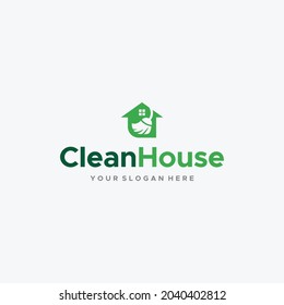 Flat CleanHouse broom house window logo design