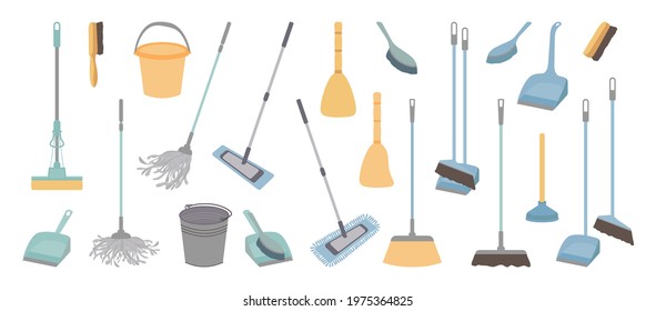 Flat cleaning items. Set of equipment for cleaning, disinfection, washing floor, removing dust. Vector illustration isolated on white background. Cleaning service concept. Housework, household chores.