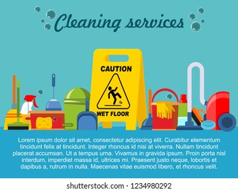 Flat cleaning service template with household equipment tools and wet floor caution sign vector illustration