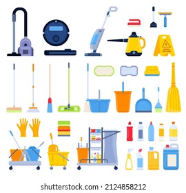 Flat cleaning tools, brooms, rags, brushes and detergent bottles. Household vacuum cleaner, steam mop, buckets, sponges and wipes vector set. Equipment and chemicals for house or office cleanup