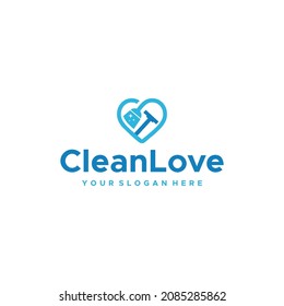 flat CleanLove broom vacuum cleaner logo design