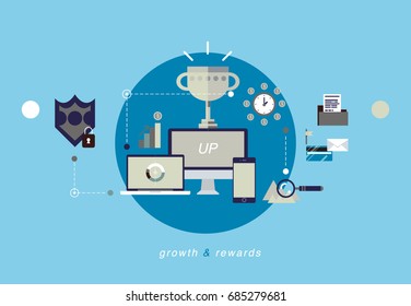 Flat clear blue gray design, business financial success banner for web site. Business and strategy growth and rewards concept with technique computer, laptop, phone and award cup.