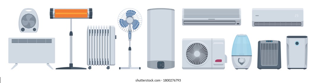 Flat climatic appliances set. Conditioners, heaters & other. Vector illustration. Collection