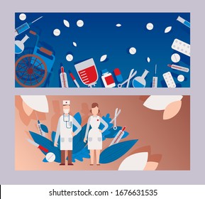 Flat clinic, hospital, male and female doctor, medical equipment, medicine, device vector illustration poster. Web banner, landing site for medical business and online insurance design.