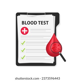 Flat clinical exam checklist blank document template. Medicine care service concept. Red blood cells in a drop of blood and a magnifying glass. donation, DNA test. Blood test. Vector illustration