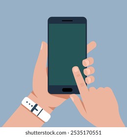 Flat clipart Hand Holding Smartphone with Finger Touching Screen Vector Illustration