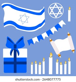 Flat clipart vector illustration of Hanukkah elements: Israeli flag, Star of David, menorah candles, gift box, Torah scroll and garland. Ideal for greeting cards, decorations, and Jewish holidays