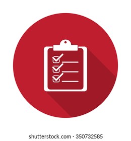 Flat Clipboard Checklist icon with long shadow on red circle