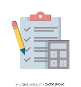 An flat of a clipboard with a checklist, pencil, and calculator. Conceptual illustration representing business, finance, planning, and accounting