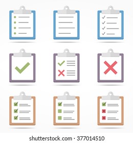 Flat clipboard icons with check lists, vector eps10 illustration