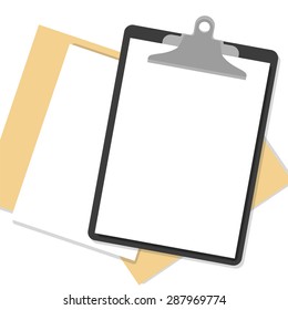 Flat clipboard with paper sheets on desk. Vector illustration