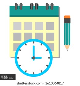 Flat clock design, calendar and pencil, time management concept. Vector illustration