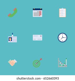 Flat Clock, Handshake, Id Card Vector Elements. Set Of Business Flat Symbols Also Includes Deal, Target, Card Objects.