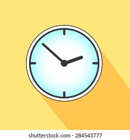 Flat clock icon on yellow background, vector illustration