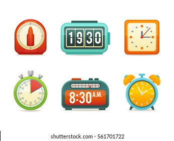 Flat Clock Icons Set With Digital And Analog Displays, Kitchen Timer, Flip Clock, Modern Wall Clock, Sport Stopwatch, Alarm With Bells