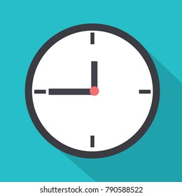 Flat clock with long shadow and blue background vector illustration.Time icon isolated background