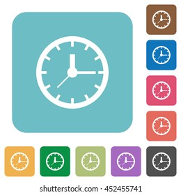 Flat clock symbol icons on rounded square color backgrounds.