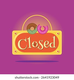 Flat Closed Shop Sign with Donuts on Purple Background. Bakery or Cafe Business Icon