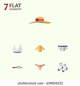 Flat Clothes Set Of Banyan, Foot Textile, Elegant Headgear And Other Vector Objects. Also Includes Bra, Sport, Underclothes Elements.