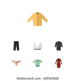 Flat Clothes Set Of Brasserie, Clothes, Banyan And Other Vector Objects. Also Includes Pants, Underwear, Kimono Elements.