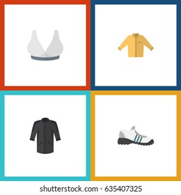 Flat Clothes Set Of Brasserie, Banyan, Sneakers And Other Vector Objects. Also Includes Clothes, Shoes, Breast Elements.