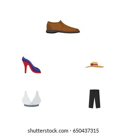 Flat Clothes Set Of Elegant Headgear, Pants, Heeled Shoe And Other Vector Objects. Also Includes Breast, Headgear, Man Elements.